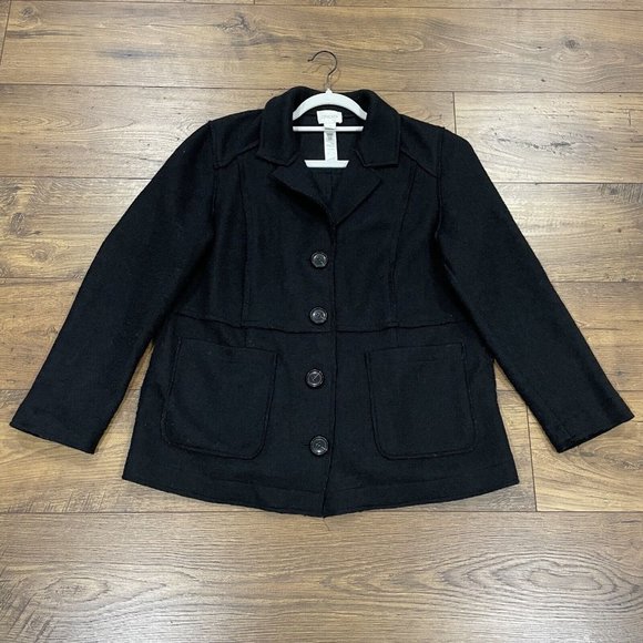 Chicos Jacket Blazer Womens Large 2 Black Wool Blend Pieced Textured‎ Button - Picture 1 of 12